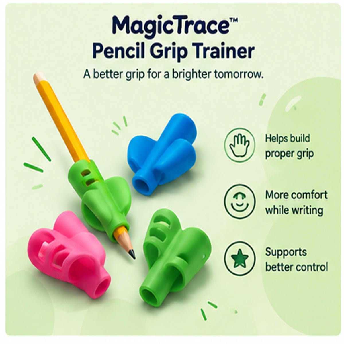 MagicTrace Pencil Grip Trainer - moulded finger grip for pens and pencils, ages 3-8
