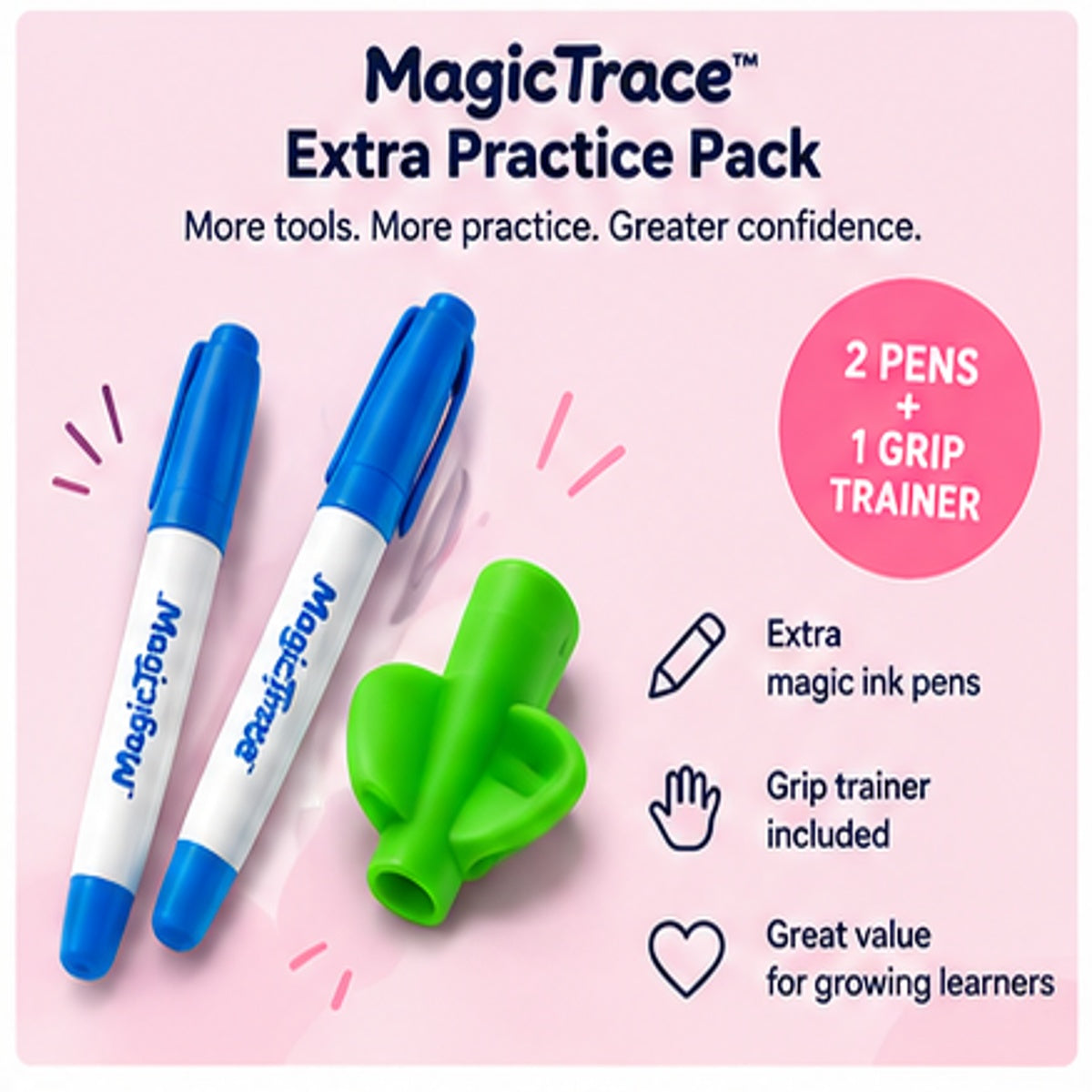 MagicTrace Extra Practice Pack - 2 magic ink pens and a pencil grip trainer
