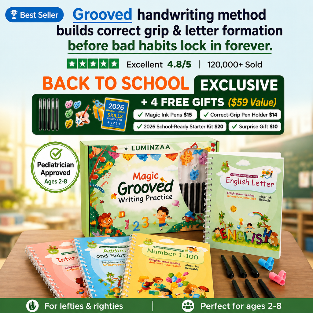 Luminzaa MagicTrace™ Grooved Handwriting Workbook Set — 4 Reusable Books for Ages 3–8