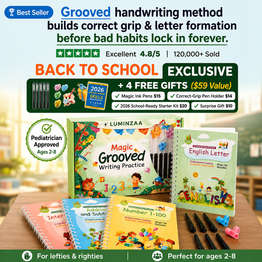 Luminzaa MagicTrace™ Grooved Handwriting Workbook Set — 4 Reusable Books for Ages 3–8