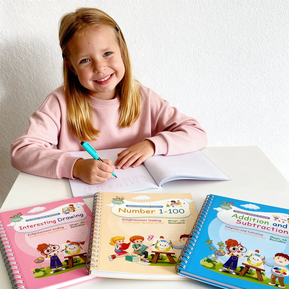Luminzaa MagicTrace™ Grooved Handwriting Workbook Set — 4 Reusable Books for Ages 3–8