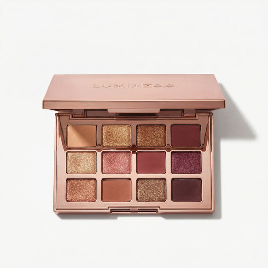 Luminzaa 12-Shade Shimmer Eye Palette featuring nudes, golds and smoky tones